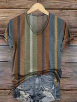 Women's Retro Stripe Print Casual V-Neck T-Shirt