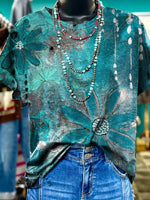 Women's Turquoise Floral Art Print Casual T-shirt