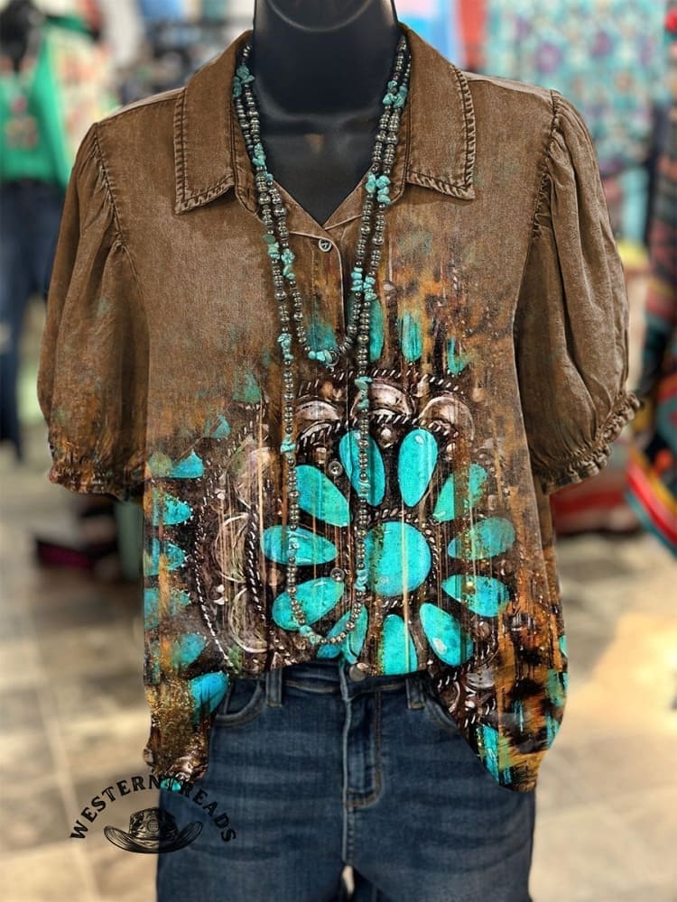 Vintage Turquoise Textured Print Casual V-Neck T-Shirt