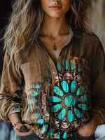 Vintage Turquoise Textured Print Casual V-Neck T-Shirt