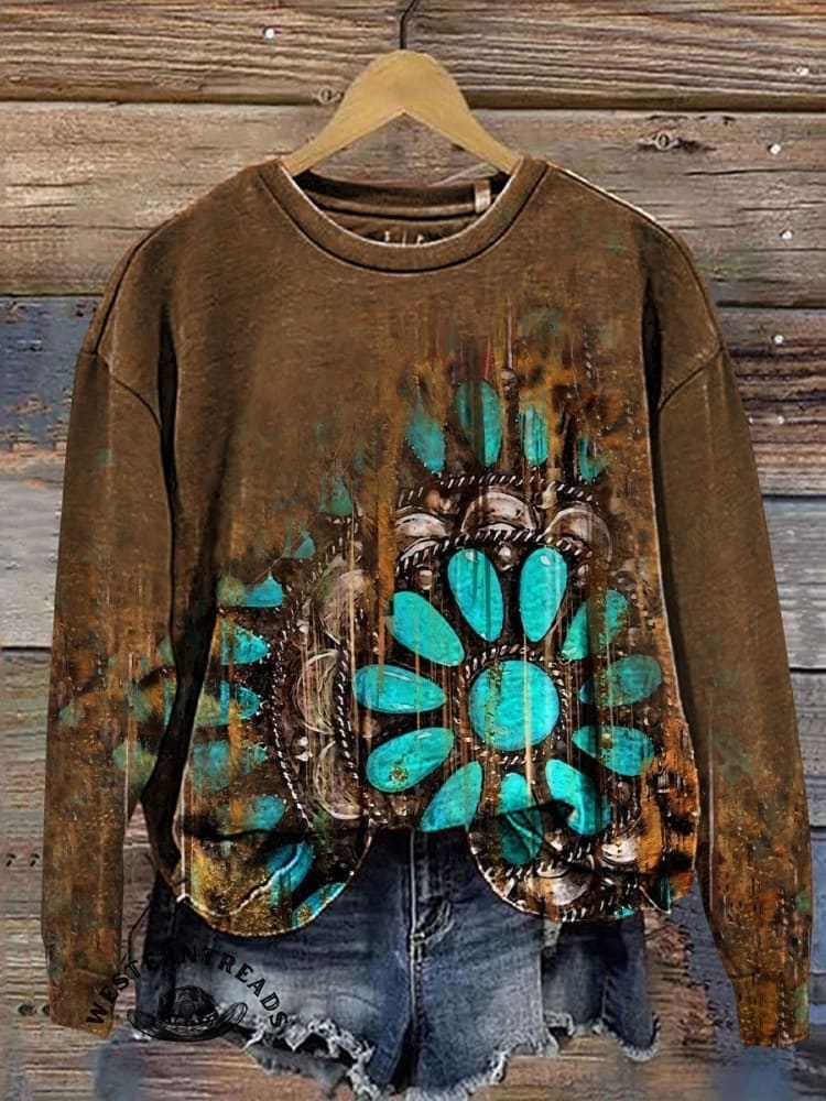 Vintage Turquoise Textured Print Casual V-Neck T-Shirt