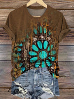 Vintage Turquoise Textured Print Casual V-Neck T-Shirt