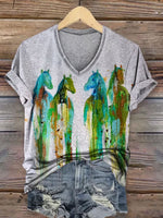 Women's vintage short-sleeve tee with artistic watercolor horse print - soft breathable cotton for casual style