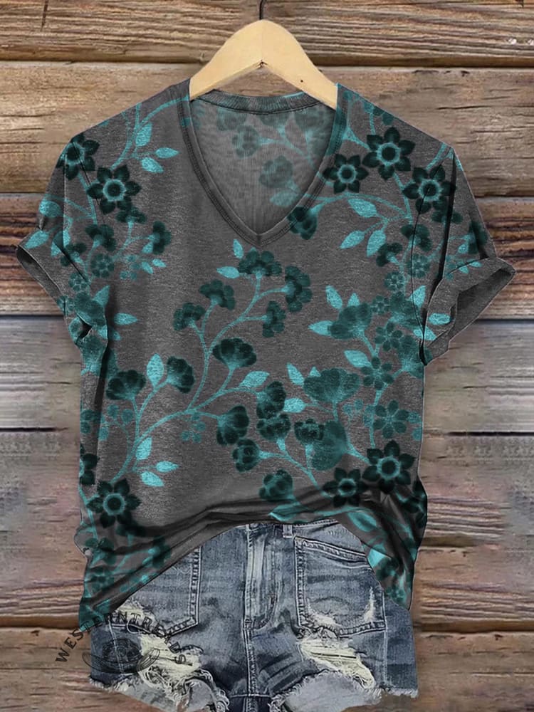 Women's Retro Floral Print Casual V-neck T-shirt