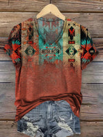 Women's Retro Ethnic Print Casual V-neck T-shirt