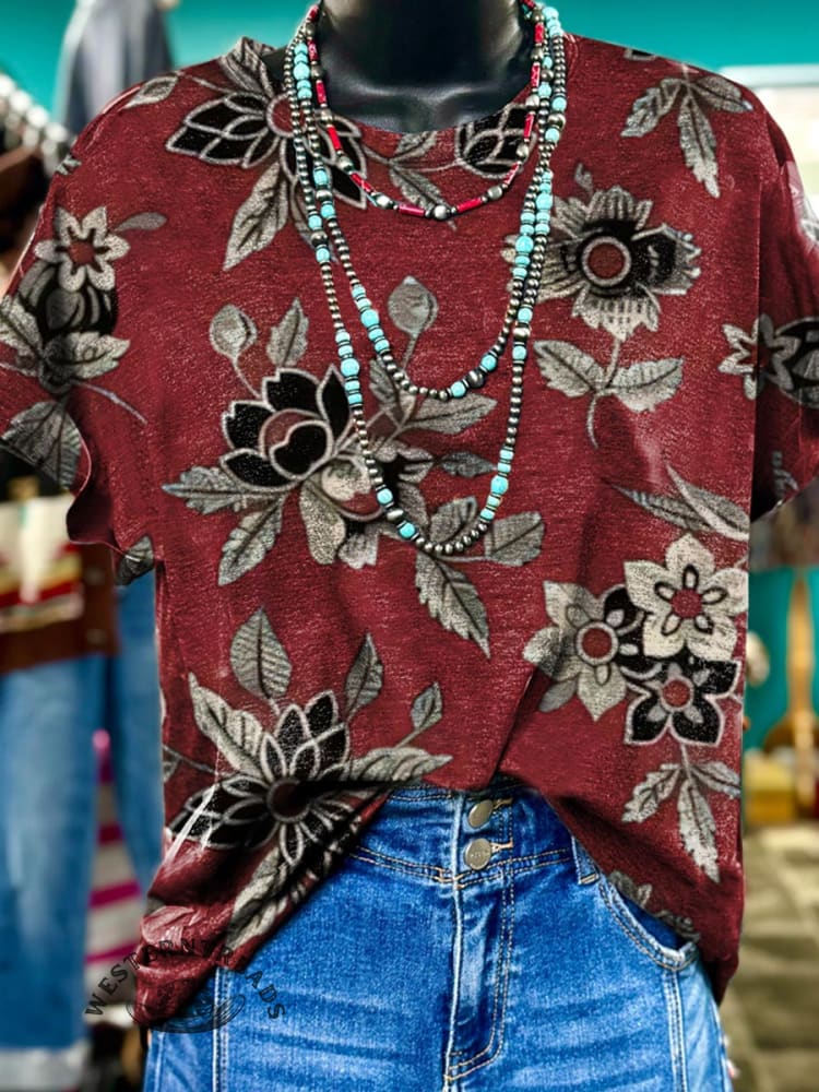 Women's Red Floral Art Print Casual T-shirt