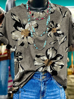 Women's Khaki Floral Art Print Casual T-shirt