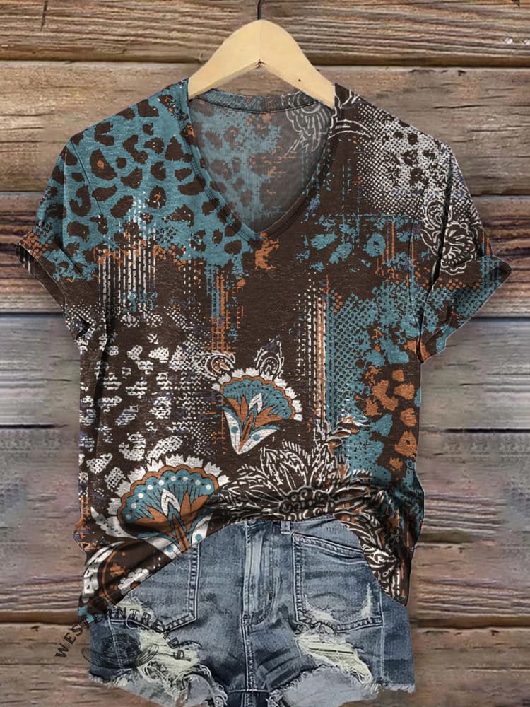 Women's Retro Lepord Pattern Print Casual V-neck T-shirt