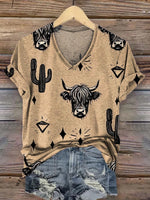 Women's Simple Cow Catcus Pattern Print Casual V-neck T-shirt