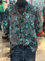 Women's Retro Floral Print Casual V-neck T-shirt