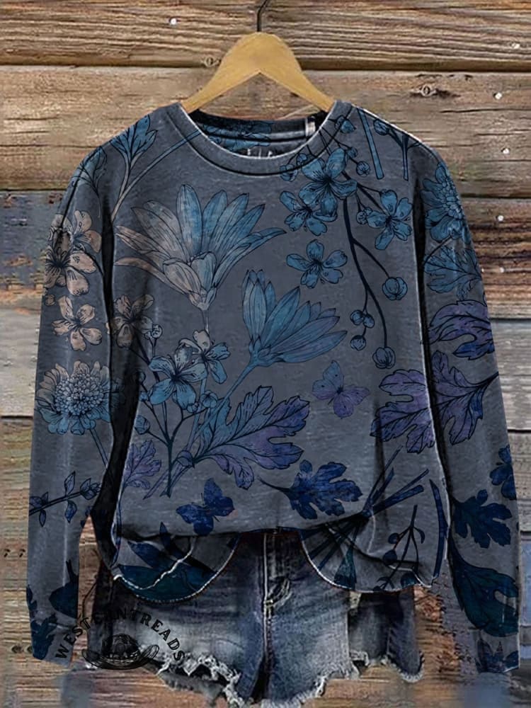 Women's Retro Floral Print Casual V-Neck T-Shirt