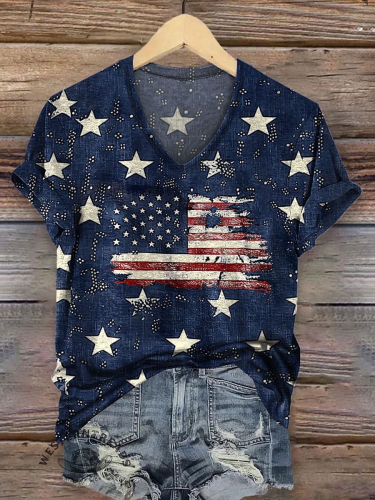 Women's Retro Stars Stripe Print Casual V-neck T-shirt