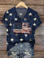 Women's Retro Stars Stripe Print Casual V-neck T-shirt