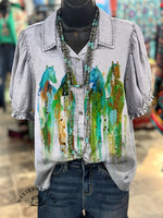 Women's Retro Horse Watercolor Art Print Casual V-neck T-shirt