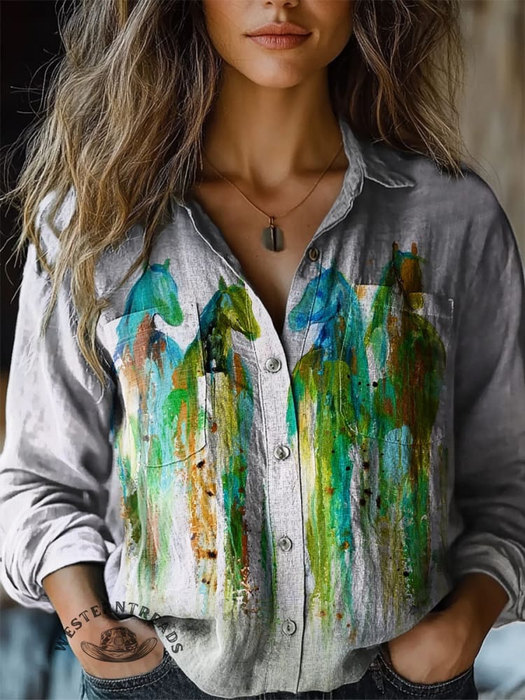 Women's Retro Horse Watercolor Art Print Casual V-neck T-shirt