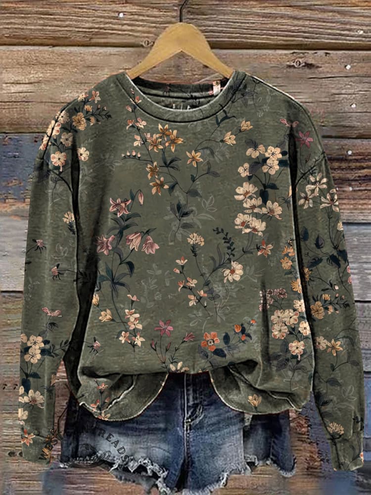 Retro Green Classic Floral Printed Crew Neck Casual Sweatshirt