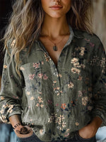 Retro Green Classic Floral Printed Casual T-shirt