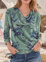 Retro Floral Pattern Print Casual V-neck T-shirt