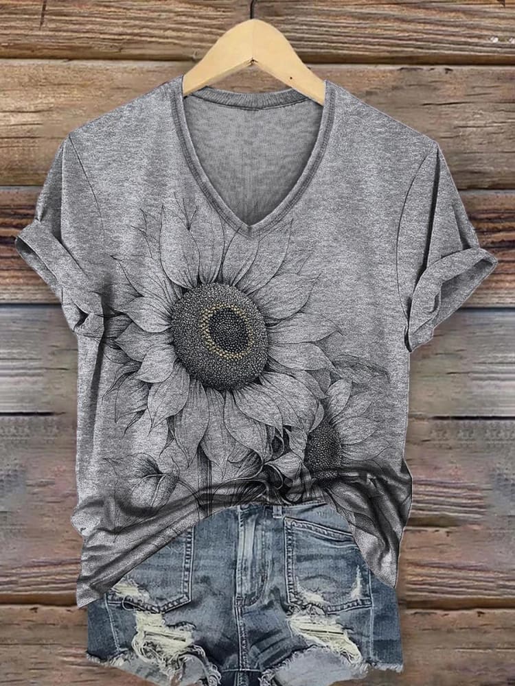 Women's Retro Texture Sunflower Print Casual V-neck T-shirt