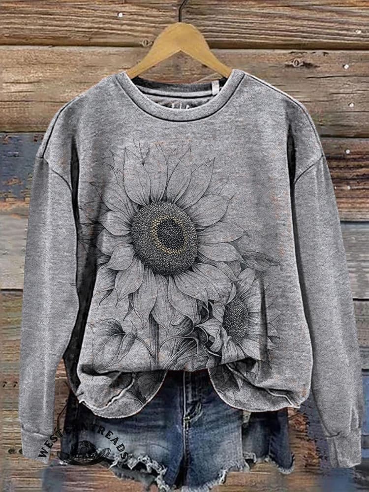 Retro Texture Sunflower Flower Print Casual T-shirt