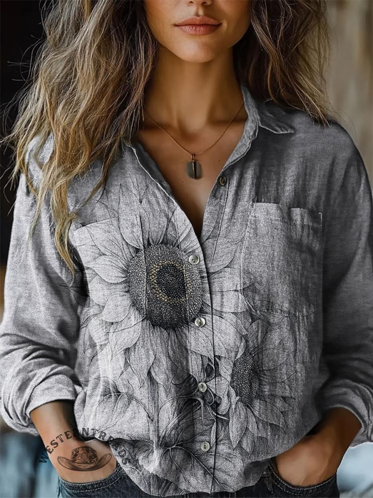 Women's Retro Texture Sunflower Print Casual Long Sleeve Comfortable Cotton Shirt