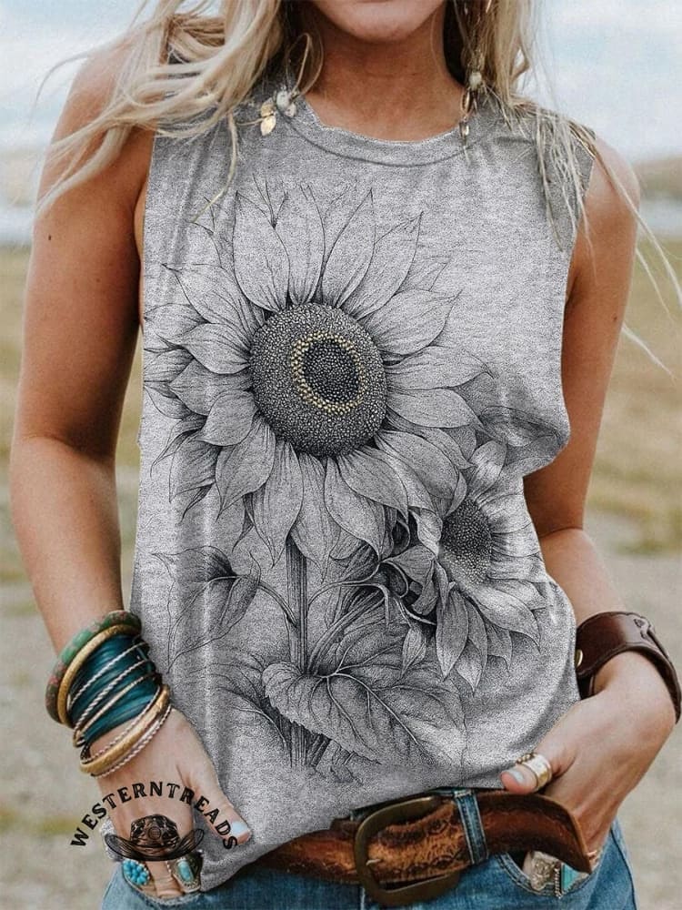 Retro Texture Sunflower Flower Print Casual T-shirt