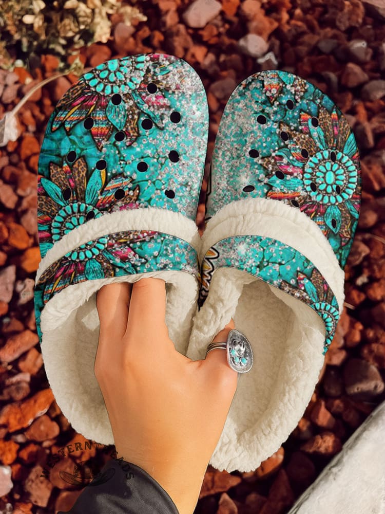 Turquoise Sunflower Print Clogs