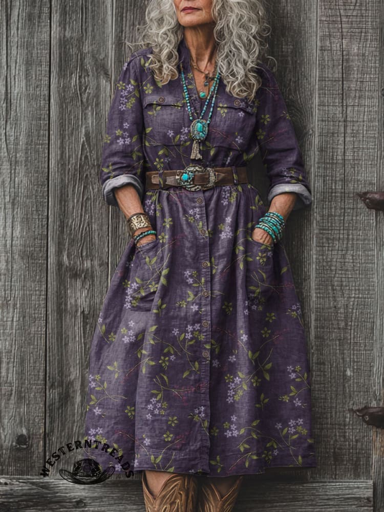 Retro Floral Pattern Printed Casual V-neck T-shirt