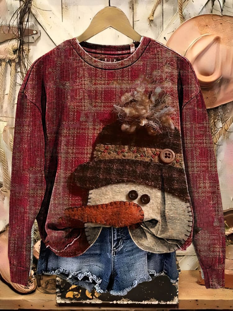 Retro Snowman Art Print Crew Neck Casual Sweatshirt