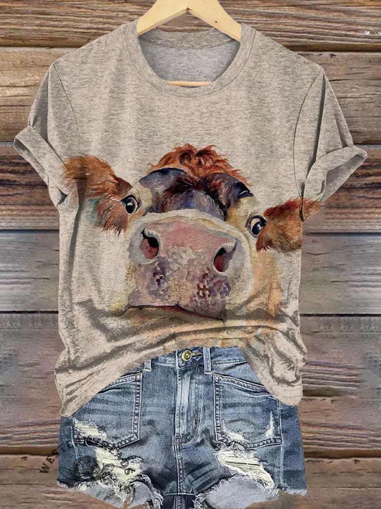Retro Funny Cow Print T-shirt
