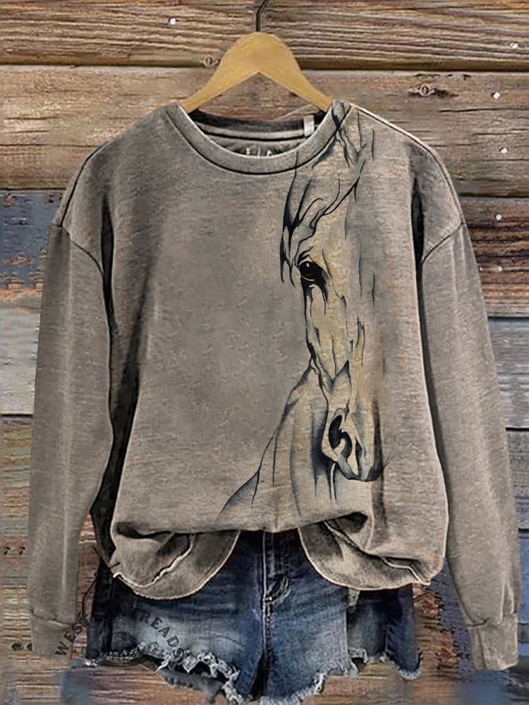 Retro Horse Art Texture Casual Cotton Sweatshirt