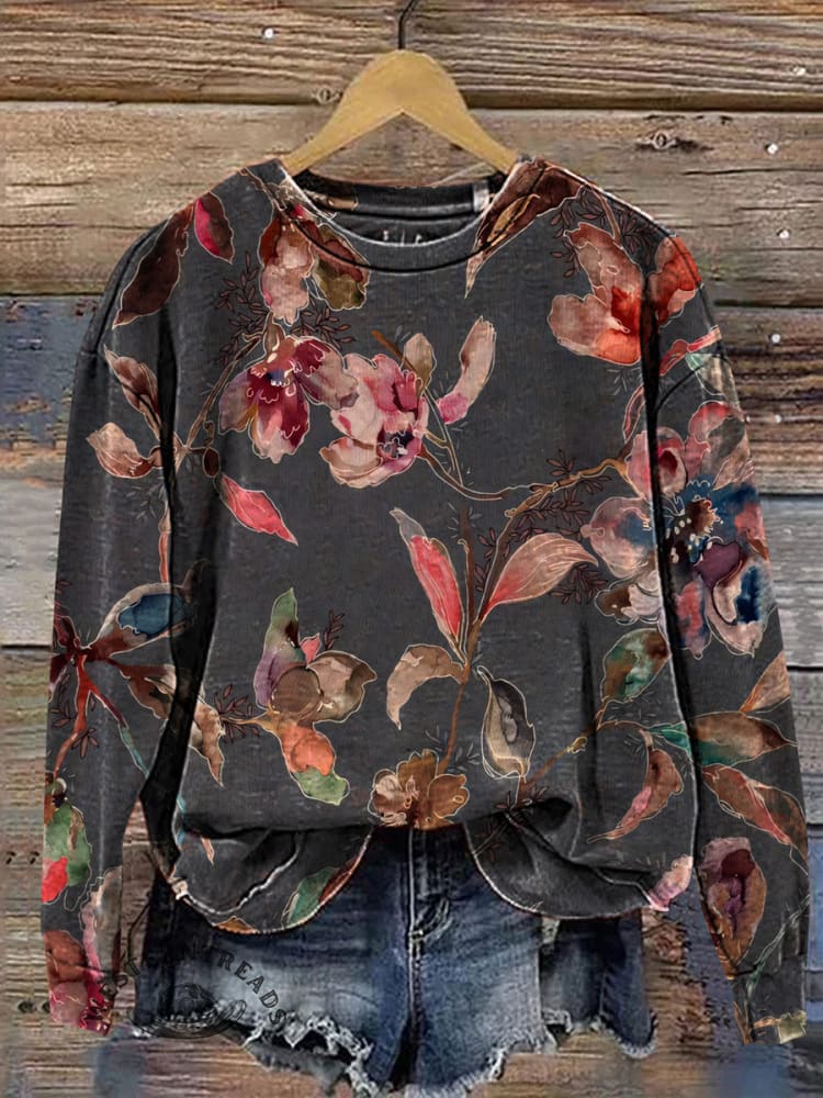 Retro Texture Foral Print Casual Cotton Sweatshirt