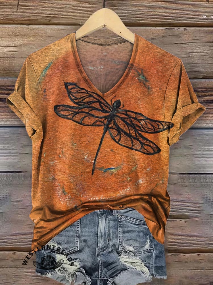 Retro Texture Dragonfly Print Casual T-shirt