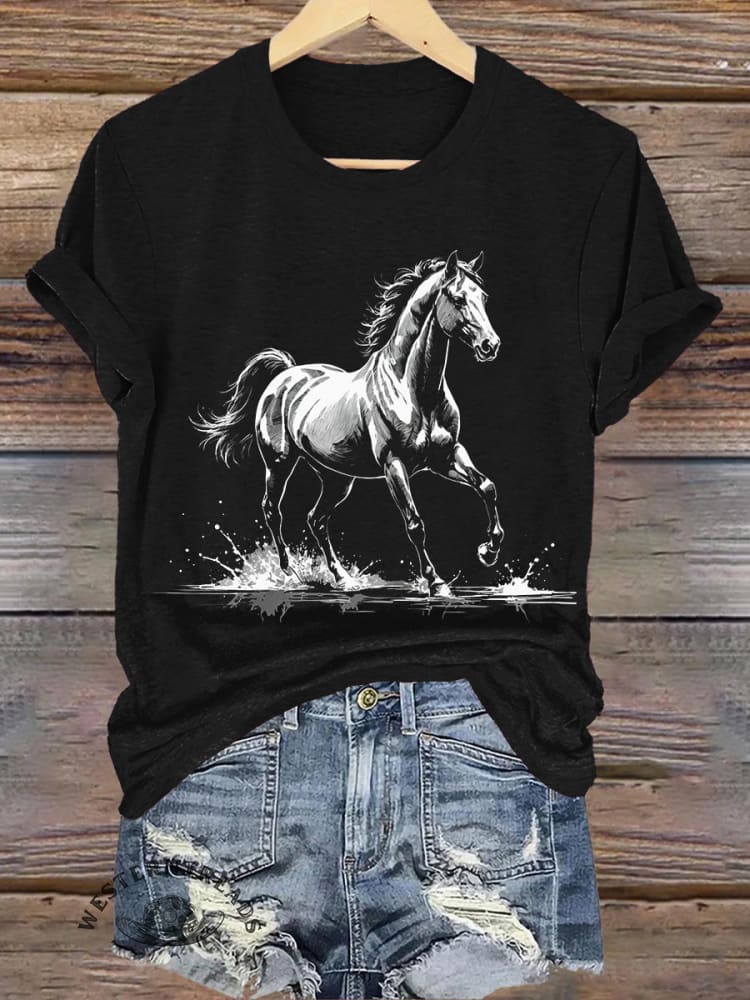 Horse Western Art Print Casual Crew Neck Short Sleeve T-Shirt