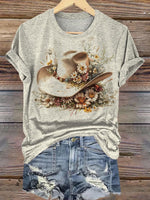 Romantic Cowboy Hat with Floral Western Art Print Casual Round Neck Short Sleeve T-Shirt