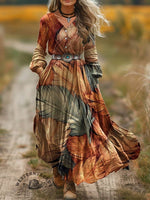 Women's Feather Print V-Neck Button Pocket Cotton Dress