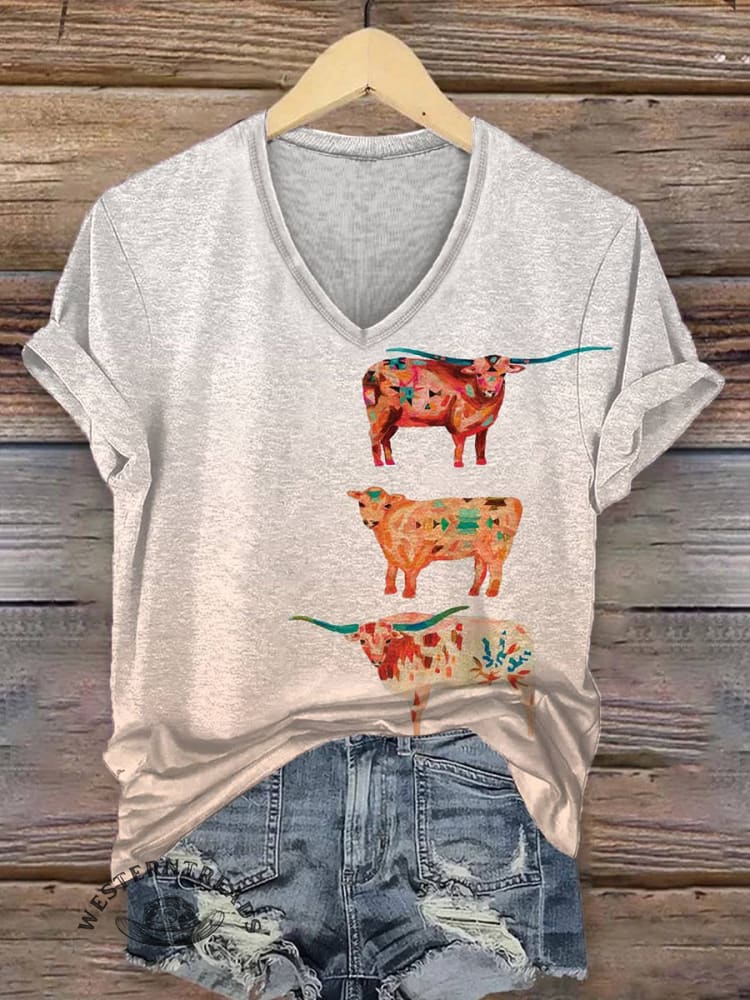 Women's Cow Print V-neck Casual T-Shirt