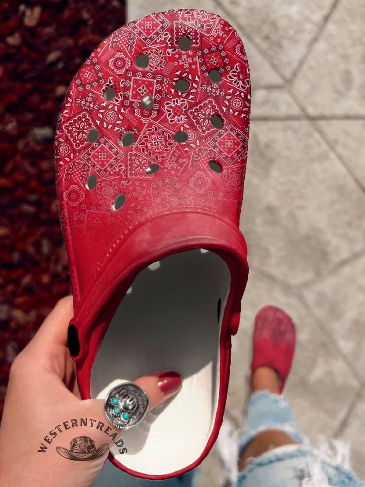 Paisley Red Holey Clogs