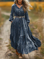 Women's Vintage Print V-Neck Button Pocket Cotton Dress