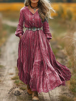 Women's Vintage Print V-Neck Button Pocket Cotton Dress