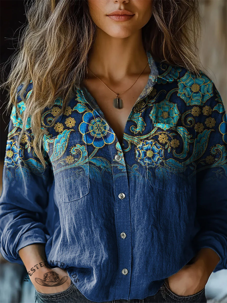 Retro Blue Floral Gradient Pattern Print Casual T-Shirt