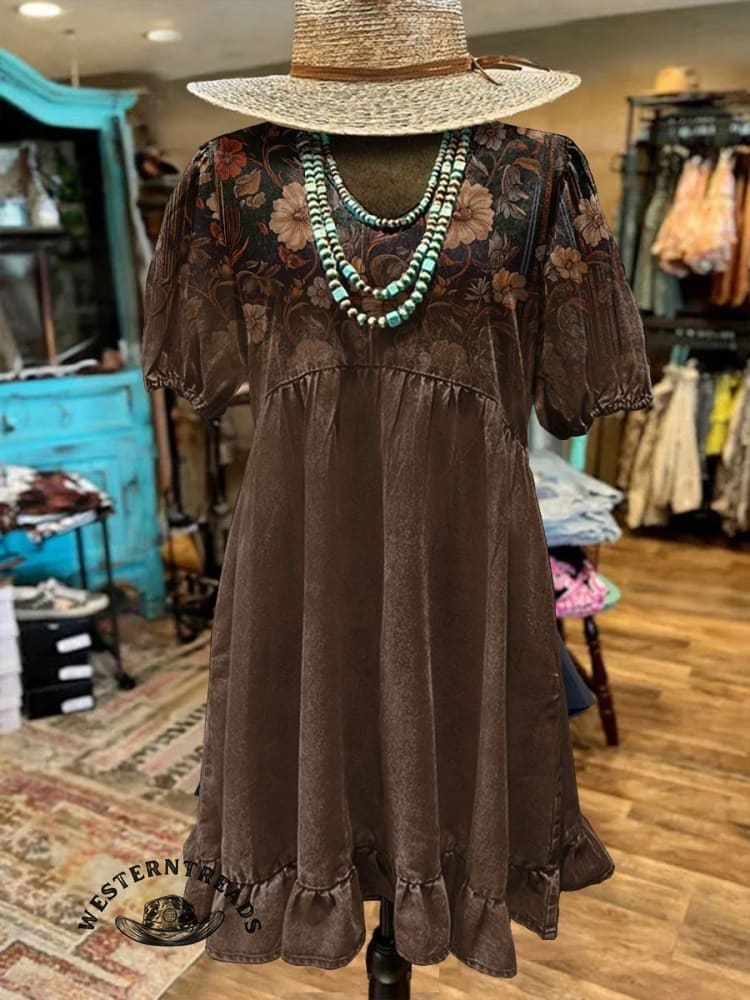 Women's Brown Flower Print Pocket Cotton Dress