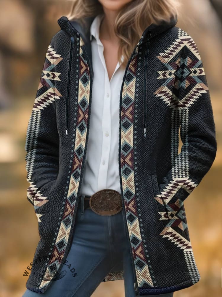 Aztec Print Plush Cardigan Coat for Women - Warm Thick Long-Sleeved Unisex Sweater