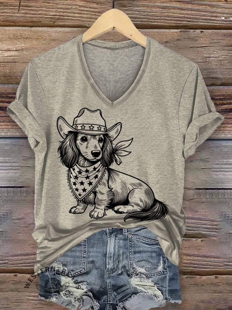 Women's Western Cowboy Dog Print V-neck Casual T-Shirt