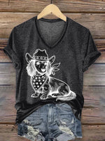 Women's Western Cowboy Dog Print V-neck Casual T-Shirt