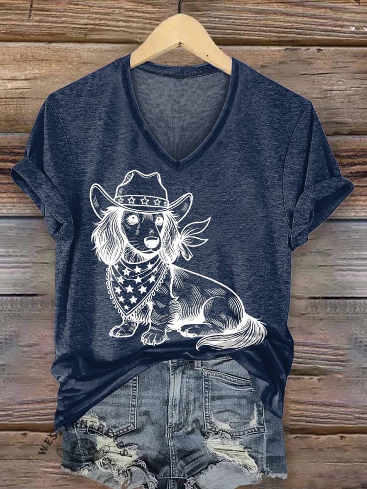 Women's Western Cowboy Dog Print V-neck Casual T-Shirt