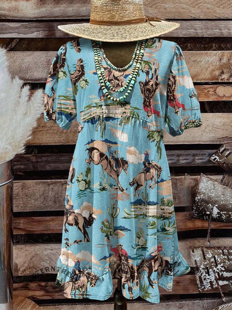 Turquoise Women's Classic West Cowboy Rodeo Print Pocket Cotton Dress