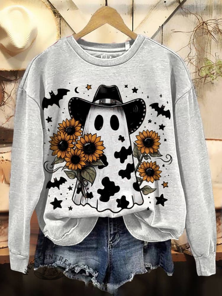 Cowboy Ghost Print Casual Cotton Sweatshirt