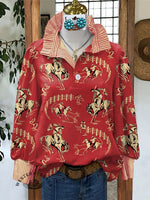 Women's Red Rodeo Print Casual Long Sleeve Comfortable Top