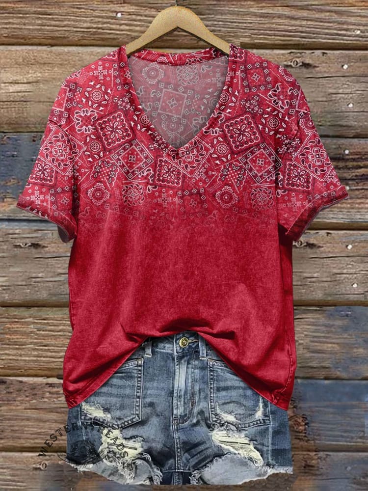 Women's Red Paisley V-neck Casual T-Shirt